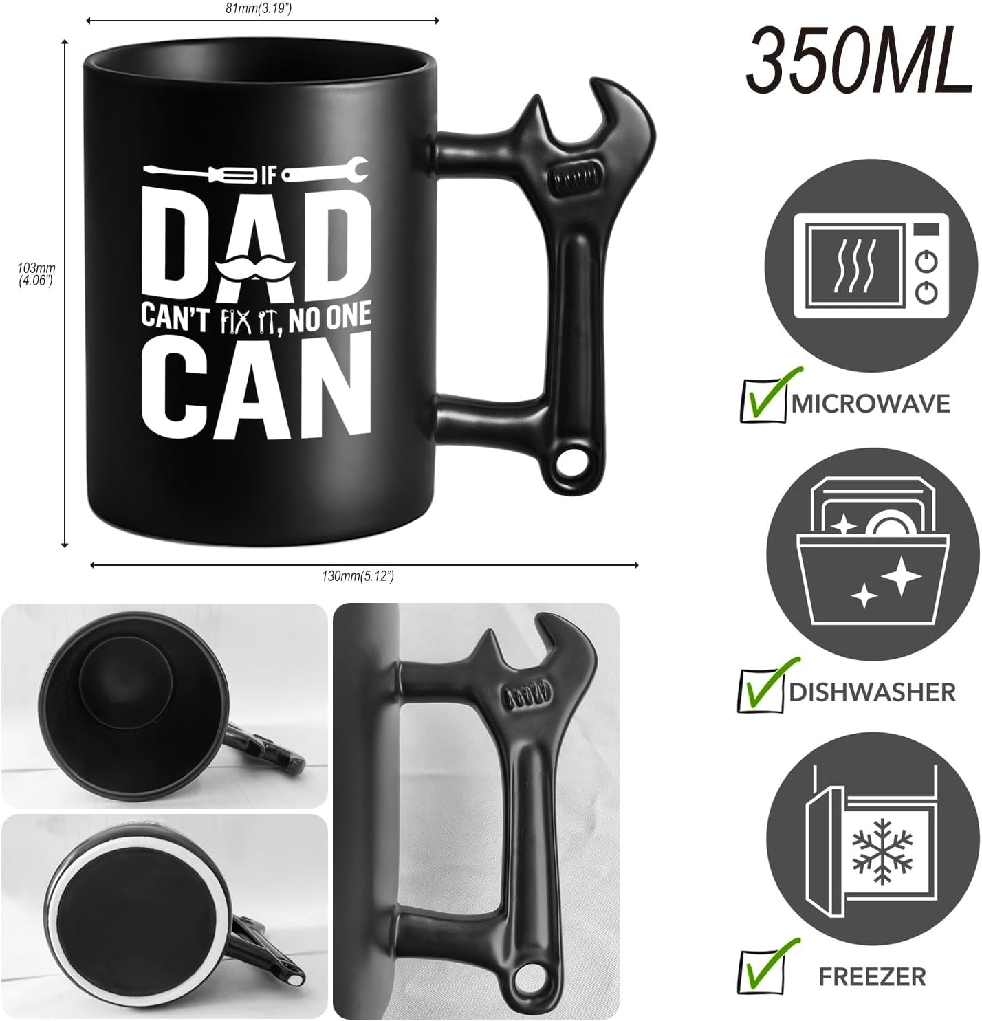 LOZACHE Coffee Mug with Spanner Wrench Handle, If Dad Can't Fix Ceramic Milk Cup, Funny Gifts from Daughter and Son on Father's Birthday, Christmas, Father's Day - Image 2