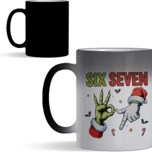 67 Meme, Six Seven Hand Sign Meme, Funny Christmas Humour Gift, 11oz Colour Changing Ceramic Coffee Cup, Magic Mug. (C Shaped Handle)