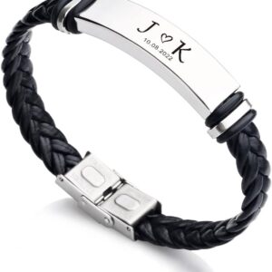 EDSG Personalised Mens Bracelet Leather Bracelets Gifts for Men Him Boyfriend Husband Dad Custom Engraved Bracelet Gift for Valentines Day Birthday Wedding Christmas