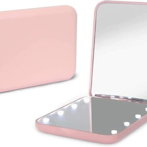 Kintion Pocket Mirror, 1X/3X Magnification LED Compact Travel Makeup Mirror with Light for Purse, 2-Sided, Portable, Folding, Handheld, Small Lighted Mirror for Gift, Pink