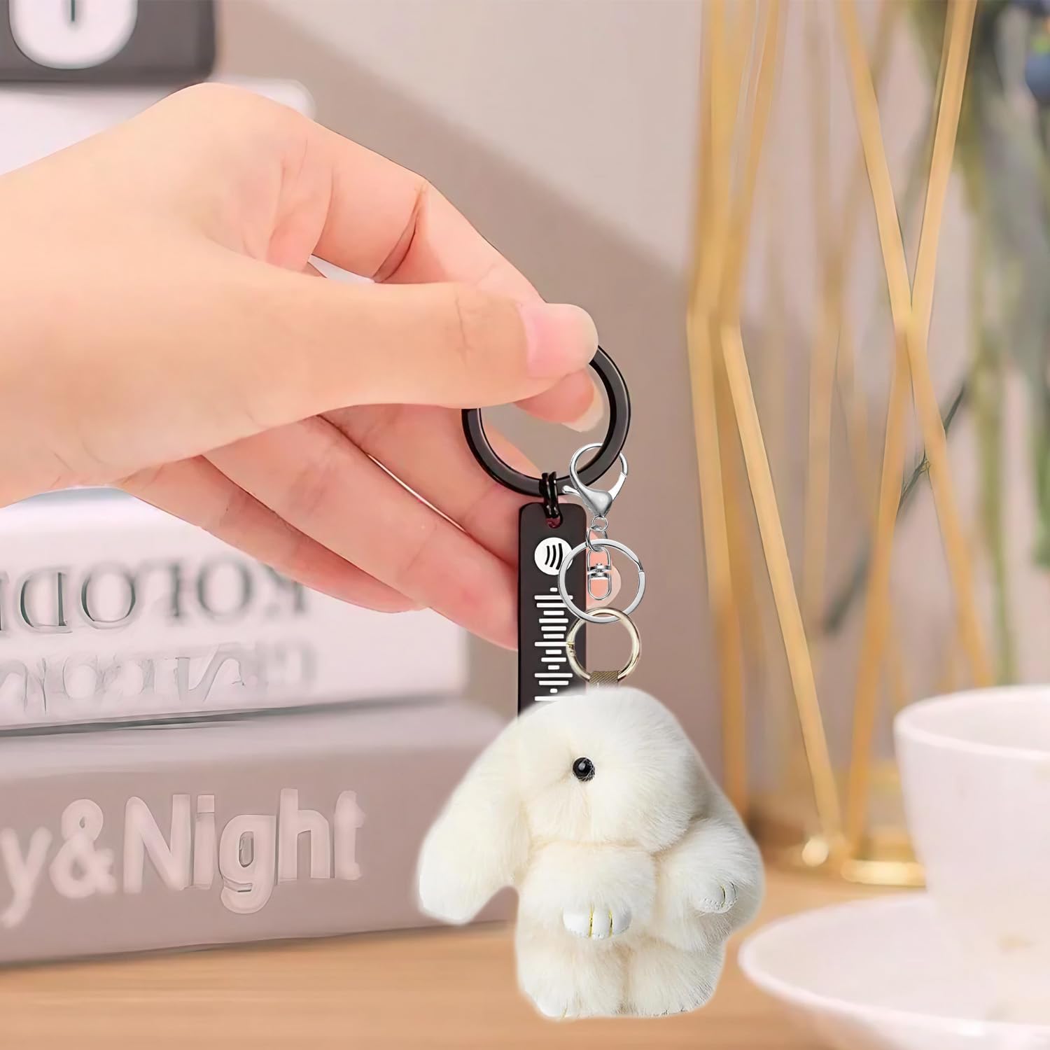 Bunny Keyring, Plush Rabbit Keyring with Tin, Fluffy Bunny Keyrings, Keychain Gifts for Women Girls Birthday Holiday, Stress Relief Decorative Pendant Car Mirror Hanging - Image 8