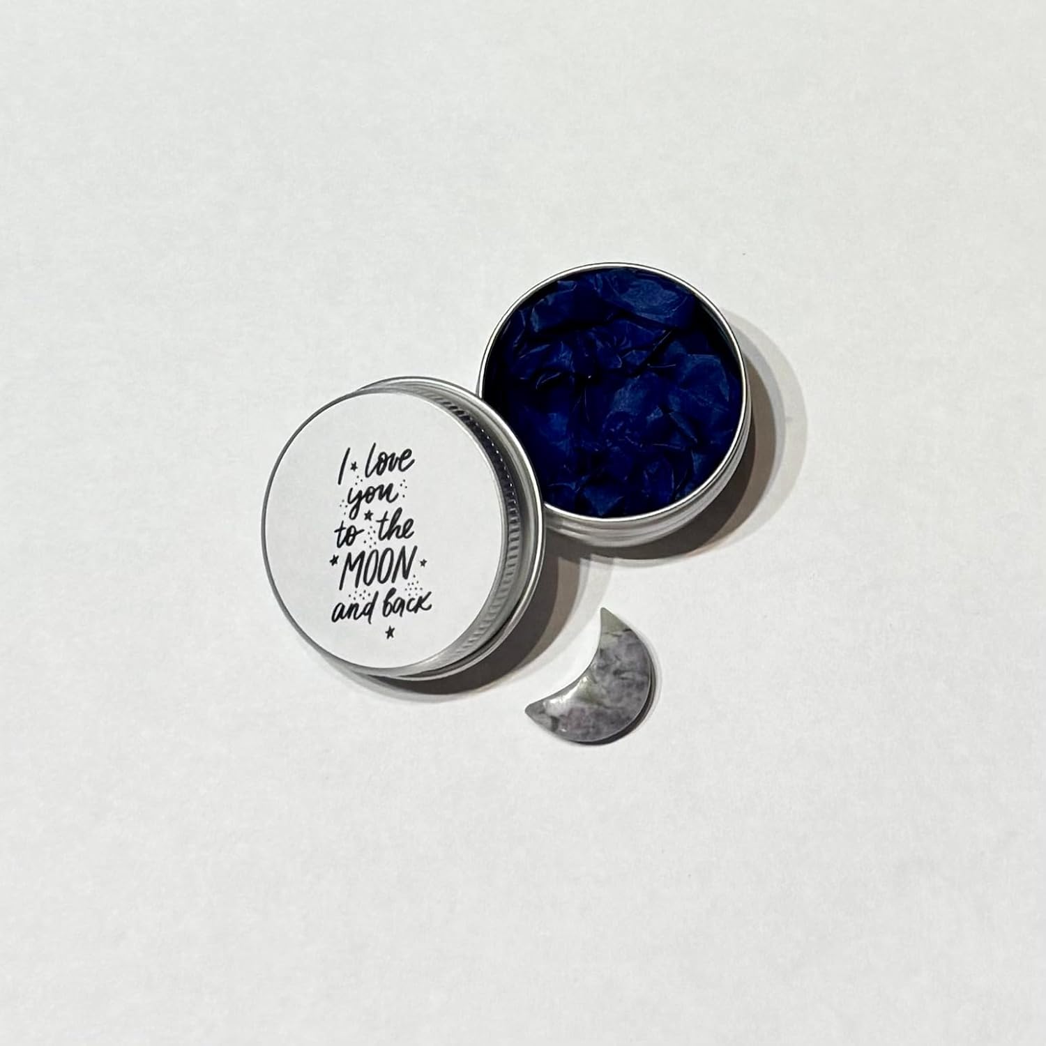 'I love you to the moon and back' gift | Cute minitature half moon presented in small tin gift for valentines, anniversary, birthday | gift for her, for him | random colour sent - Image 7