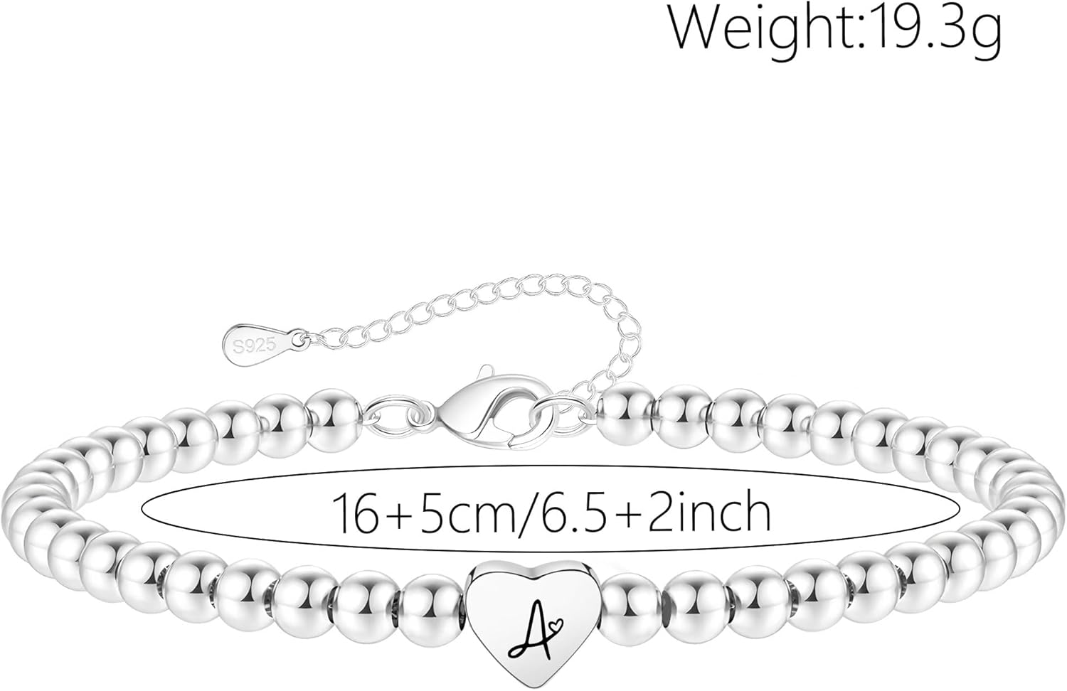 S925 Silver Bead Bracelet for Women Adjustable Heart Initial Letter Bracelet Birthday Jewellery Gift - Image 2