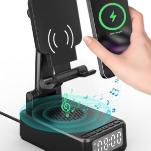 Birthday Gifts for Men Women, Bluetooth Speaker with Wireless Charger & Phone Stand, Gifts for Him, Foldable Angle & Height Stand with Alarm Clock, Ideal for Dad Mom, Tech Gadget Stocking Fillers