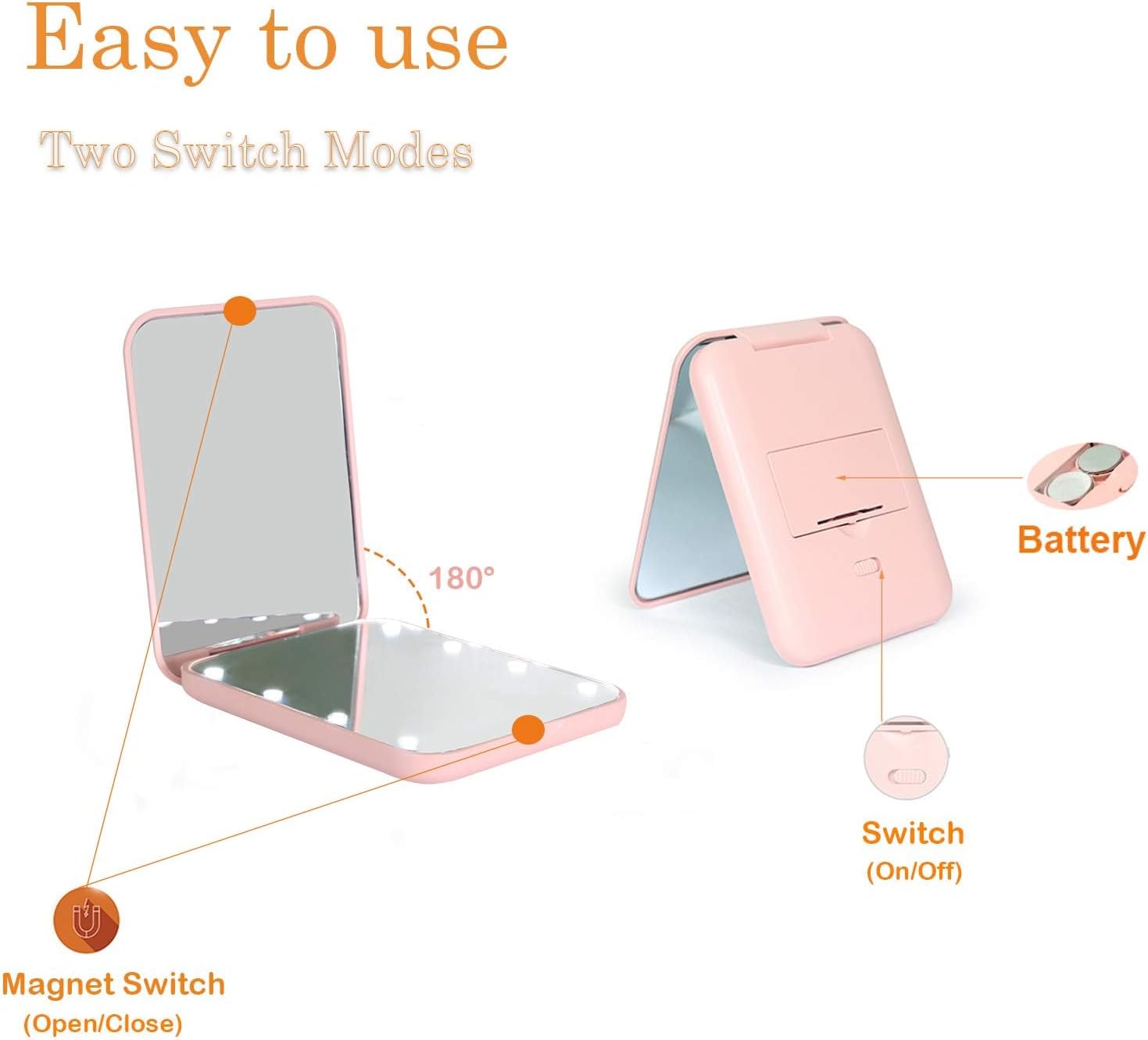 Kintion Pocket Mirror, 1X/3X Magnification LED Compact Travel Makeup Mirror with Light for Purse, 2-Sided, Portable, Folding, Handheld, Small Lighted Mirror for Gift, Pink - Image 6