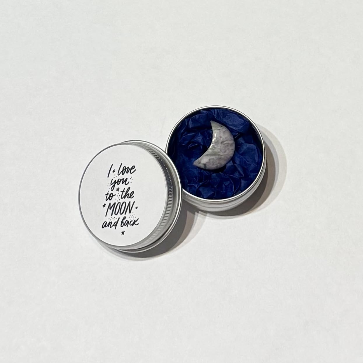 'I love you to the moon and back' gift | Cute minitature half moon presented in small tin gift for valentines, anniversary, birthday | gift for her, for him | random colour sent - Image 5