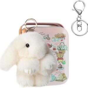 Bunny Keyring, Plush Rabbit Keyring with Tin, Fluffy Bunny Keyrings, Keychain Gifts for Women Girls Birthday Holiday, Stress Relief Decorative Pendant Car Mirror Hanging