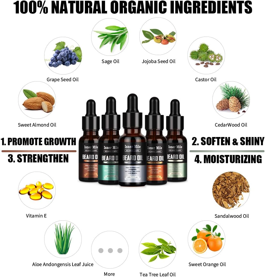 ISNER MILE Beard Oil 5 Pack Set, Natural, Cedarwood, Sandalwood, Sage, Sweet Orange for Men Beard Care, Moisturize, Soften, Strengthen, Christmas Gifts for Men Him Dad Father Boyfriend - Image 3