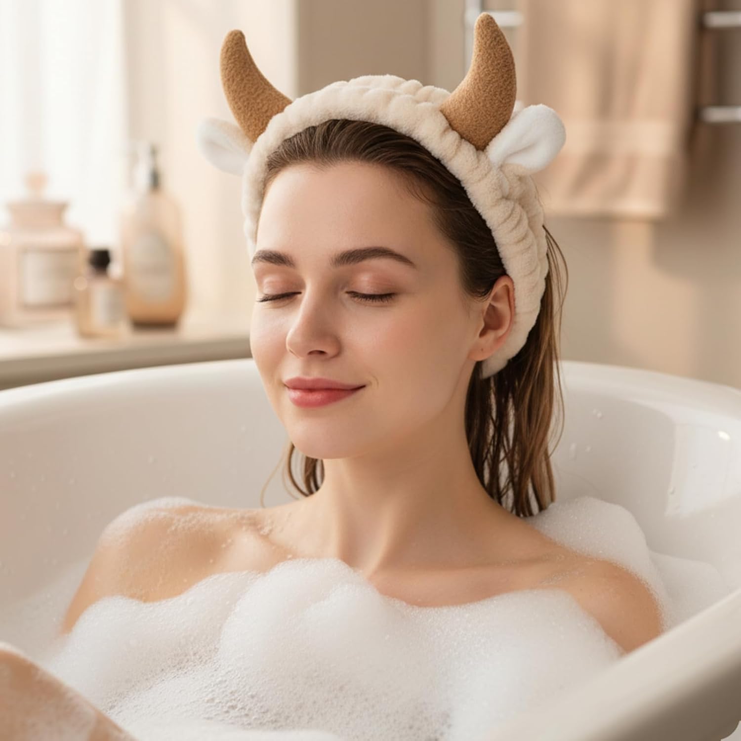 2Pcs Ear Horn Headband, Cow Ears Makeup Headband, Face Wash Headbands Skincare Hair Band for Washing Face, Cute Stocking Fillers Women for Cow Party Favors Cosplay Makeup - Image 2