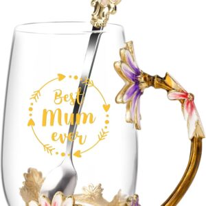 DOITGO Mothers Day Gifts for Mum from Daughter Son,12 Oz Flower Glass Coffee Mugs Tea Cup with Spoon,Mum Birthday Gifts for Stepmum Wife,Mothers Day Presents for Grandma Women on Christmas
