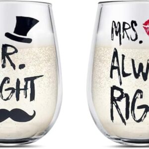 Yalucky Couple Gifts Mr. Right and Mrs. Always Right Stemless Wine Glass Set Engagement Gift Wedding Gift for Couple Golden Wedding Anniversary for Bride and Groom Valentines Gifts for Him and Her
