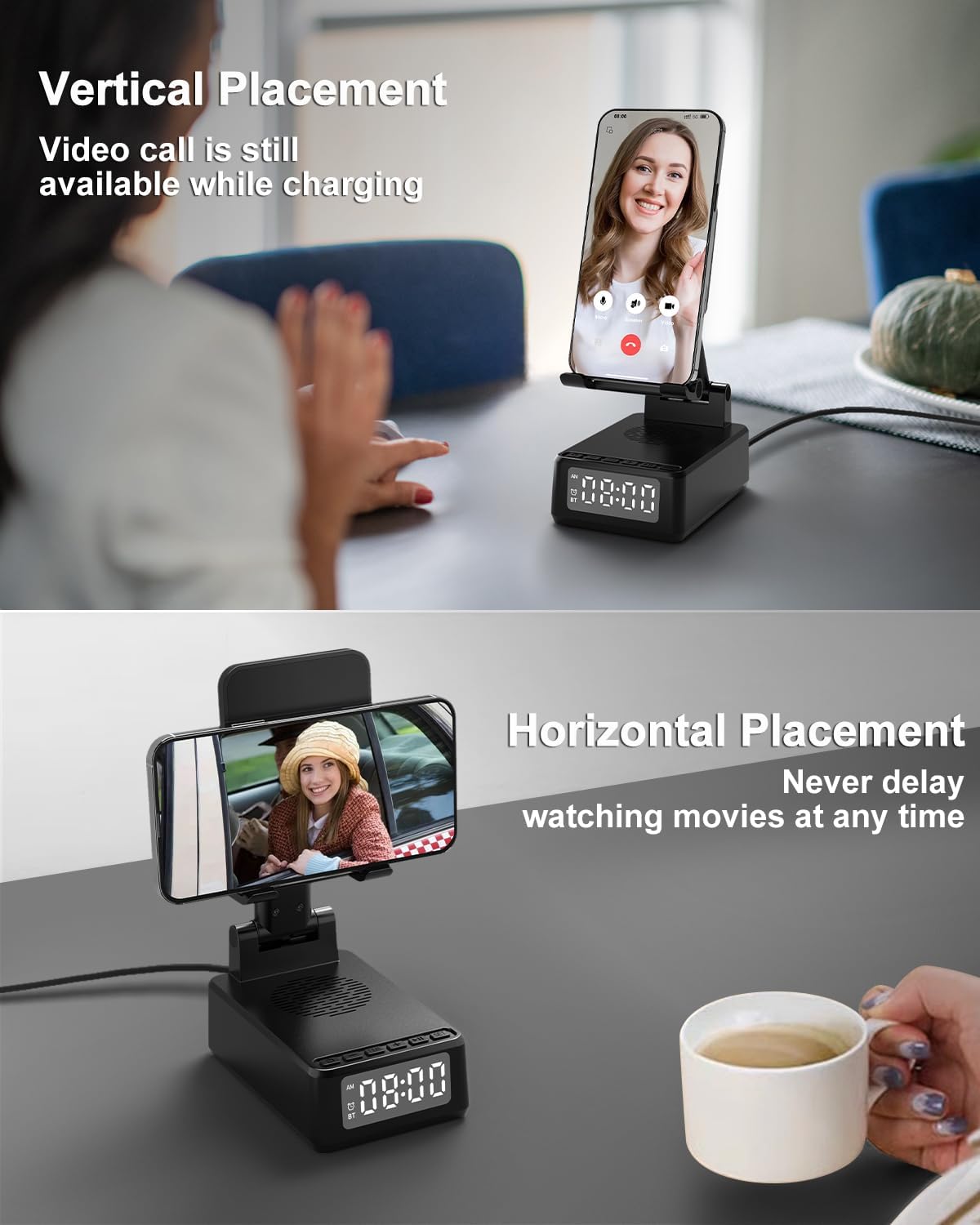 Birthday Gifts for Men Women, Bluetooth Speaker with Wireless Charger & Phone Stand, Gifts for Him, Foldable Angle & Height Stand with Alarm Clock, Ideal for Dad Mom, Tech Gadget Stocking Fillers - Image 5