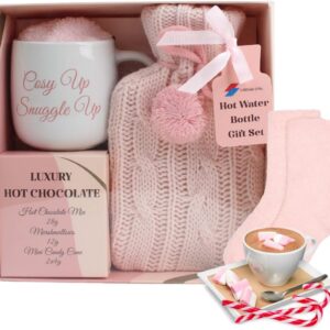 Hot chocolate mug gift set with hot water bottle mini marshmallows and christmas candy cane – cosy hot water bottle and hot chocolate gift set – gift set for women teen adults (Pink)