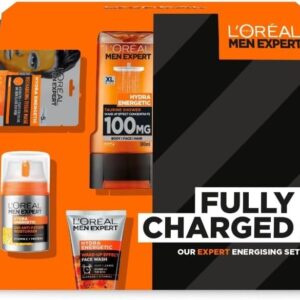 L’Oreal Men Expert Gift Set for Men, Hydra Energetic Fully Charged Washbag: Shower Gel, Moisturiser for Men, Sheet Face Mask and Face Wash
