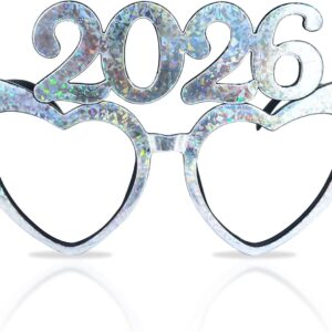 Fogcosy 2026 Happy New Year Decorations Glasses – 2 Pcs Silver Glitter Love Heart Party Glasses, Novelty Happy New Year Glasses Decorations for Kids Adults Costume Photo Props