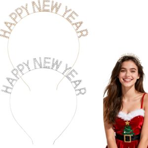 2PCS Happy New Year Headband, New Year Eve Headband for Women Girls, Party Rhinestone Tiara Hair Hoop, Sparkly 2026 NYE Accessories, Glitter Headdress for Christmas and New Year Celebrations