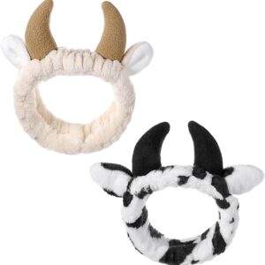 2Pcs Ear Horn Headband, Cow Ears Makeup Headband, Face Wash Headbands Skincare Hair Band for Washing Face, Cute Stocking Fillers Women for Cow Party Favors Cosplay Makeup