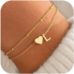 TINGN Valentines Gifts for Kids Women – 14K Real Gold Plated Heart Initial A-Z Bracelet Dainty Gold Bracelets for Women Girls Bridesmaid Birthday Gift for Womens Girls Jewelry Valentines Day Gifts