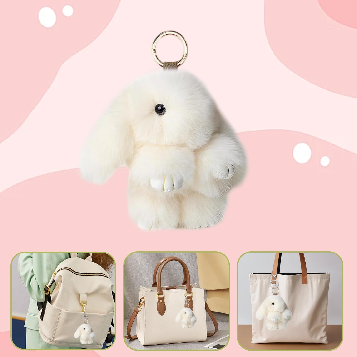 Bunny Keyring, Plush Rabbit Keyring with Tin, Fluffy Bunny Keyrings, Keychain Gifts for Women Girls Birthday Holiday, Stress Relief Decorative Pendant Car Mirror Hanging - Image 4
