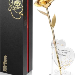 Gold Dipped Real 24K Gold Rose, Genuine One of a Kind Rose Hand Dipped in 24K Golden Roses Romantic Gifts for Women in Her Birthday Anniversary Valentines Day Mothers Day