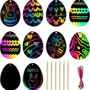 AUXHCYL 30Pcs Easter Scratch Art, Egg Decorations Papers,Easter Crafts for Kids, Easter Activity Arts Gifts for Kids Party Bag Fillers
