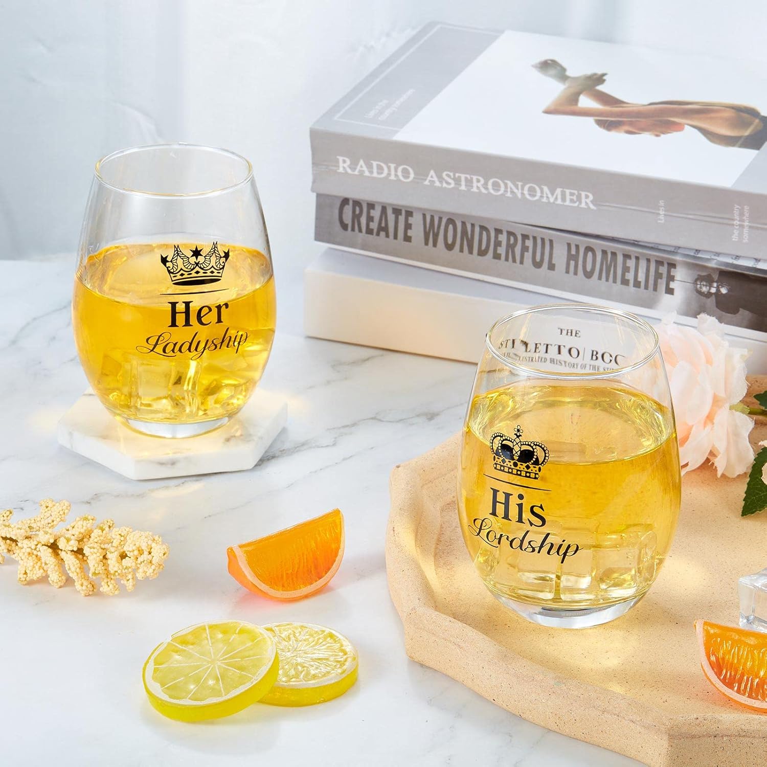 Patelai Valentine Couples Gifts His Lordship and Her Ladyship Gin Glass Gift Set to Bride and Groom Cocktail Short Glasses Stemless Wine Glass to Couple Wedding Anniversary Date Party, 16 oz - Image 4