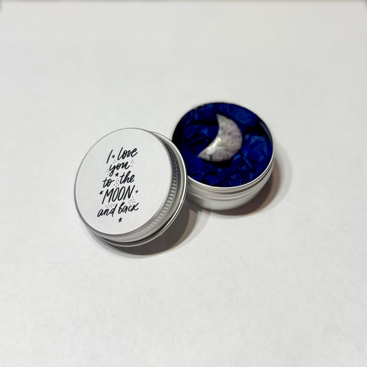 'I love you to the moon and back' gift | Cute minitature half moon presented in small tin gift for valentines, anniversary, birthday | gift for her, for him | random colour sent - Image 6