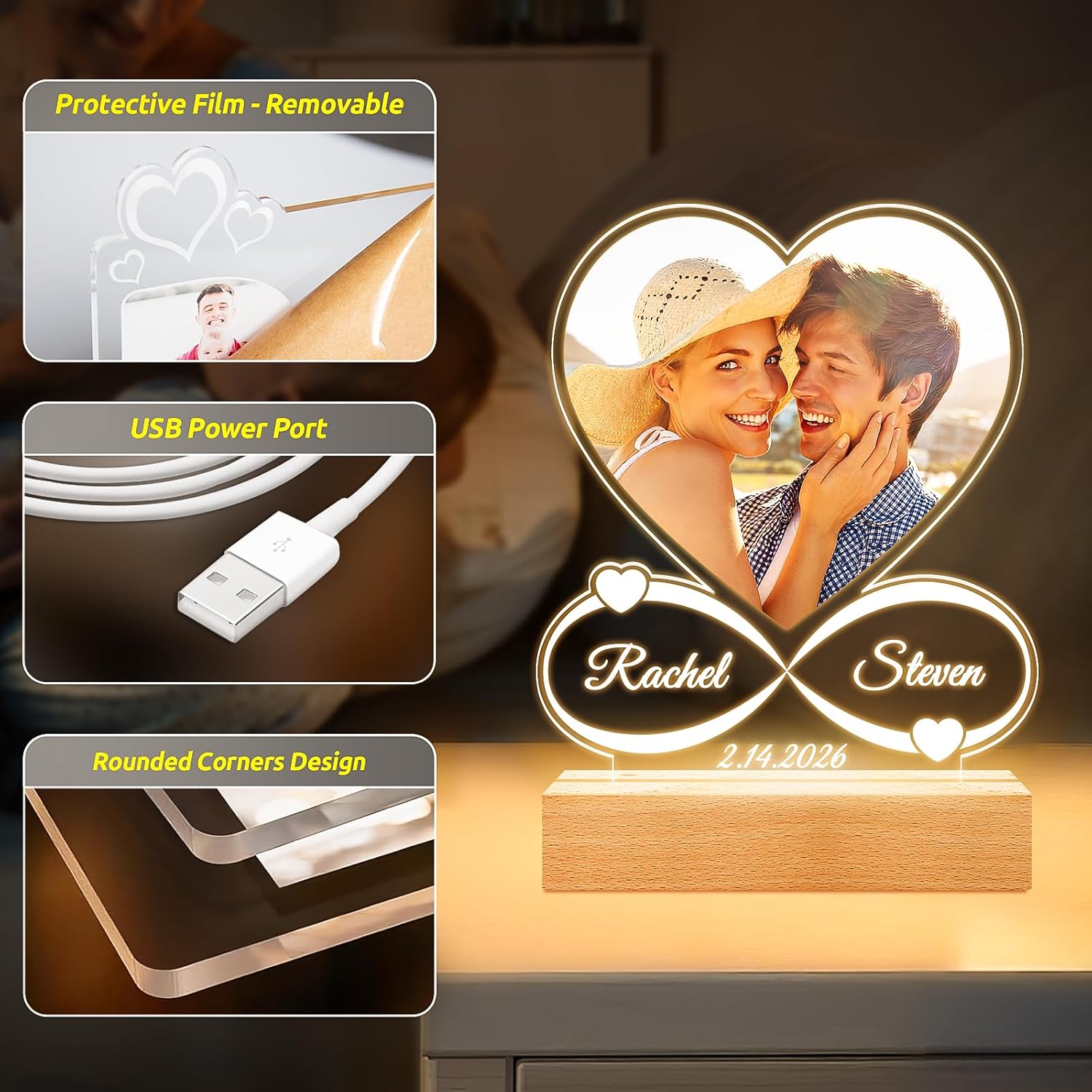 Personalised Photo Frame with Night Light, Custom Picture Frames, Customised Photo Frame, Personalised Anniversary Birthday Valentines Gifts for Women Men Him Her Girlfriend Boyfriend Couple Wife - Image 5