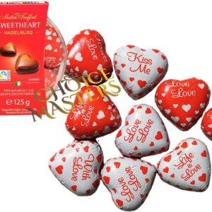 Chocolate Heart Gift | Exquisite Kiss Me/Love Heart Pralines Individually Wrapped Foiled Chocolate Small Gift Box with Velvety Hazelnut Cream Filling – 125g