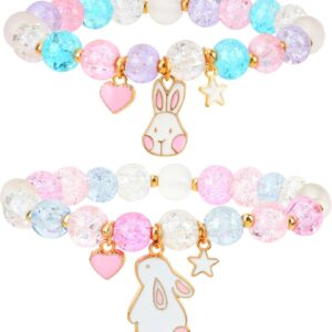 Pwsap 2PCS Colorful Bunny Charm Bracelets for Girls, Cute Easter Bunny Rabbit Crystal Bracelet with Elastic, Easter Basket Stuffer Jewelry Gift for Daughter Sister Niece Cousin Best Friends