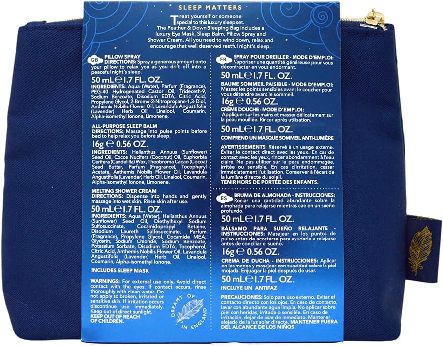 Feather & Down Sleeping Bag Gift Set (luxury eye mask, sleep balm, pillow spray and shower cream) - with calming lavender & chamomile essential oils. Vegan Friendly & Cruelty Free. - Image 4