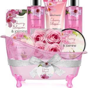 BODY & EARTH 8pcs Pamper Gifts for Women with Cherry Blossom&Jasmine, Includes Bubble Bath, Soap, Birthday Gifts for Women, Valentines Gifts for Her, Spa Bath Sets, Christmas Gifts for Her