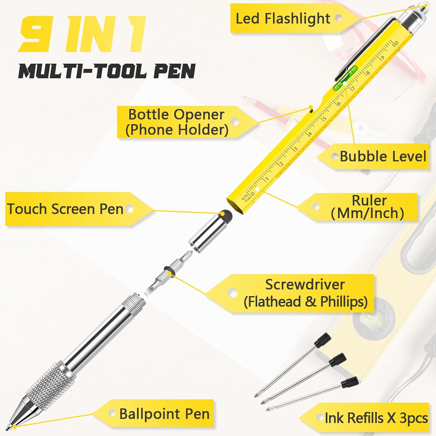 Chipate Gifts for Men, Valentines Gifts for Him, 9 in 1 Multi Tool Pen, Birthday Gift Gadgets for Men/Dad, Father's Day Gift - Image 3
