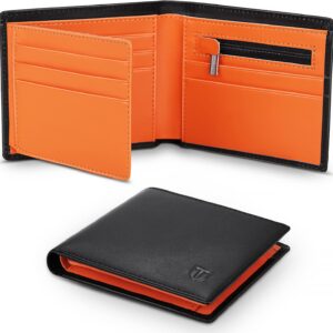 TEEHON® Wallets Slim Genuine Leather RFID Blocking Wallet with 11 Card Holder, 2 banknote compartments, Coin Pocket, Minimalist Wallets for Men UK with Gift Box – Black and Orange