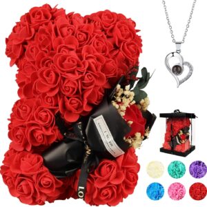POHOMEGK Valentines Gifts for Her Rose Bear for Women, Flower Bear Teddy Bear with Box I Love You Necklace 100 Languages Beautiful Gift for Mum Mother’s Day Rose Gift, Perfect for Wife, Mom, Grandma