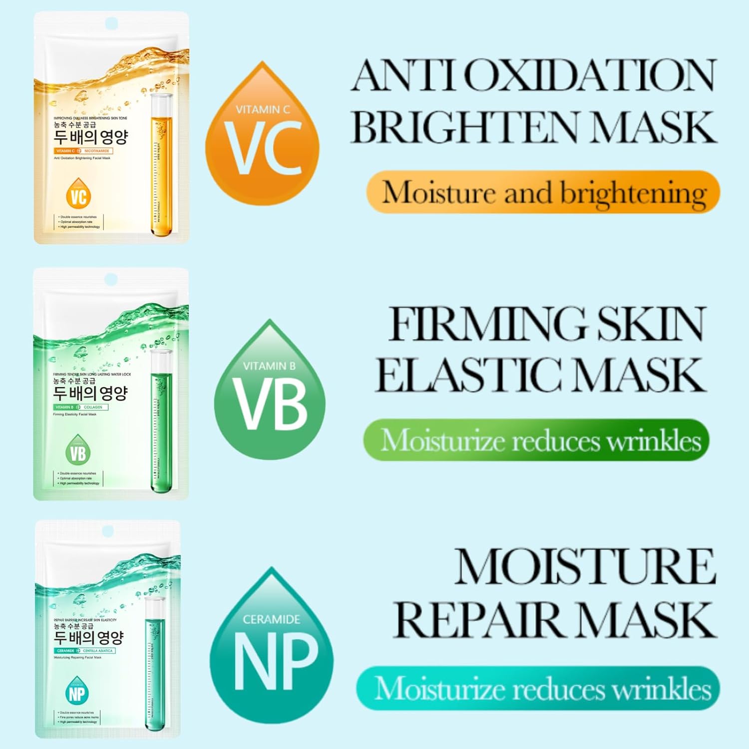 6-Piece Korean Face Mask-Sheet Masks –Brightening Vitamin C,Niacinamide, Hydrating Hyaluronic Acid for All Skin Types -Self Care Gift Set for Women & Teens-Skincare Sets & Self Care Essentials - Image 3