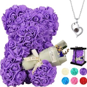 POHOMEGK Valentines Gifts for Her, rose bear Gifts for Women, Valentines Day Gift Rose Bear for women, Rose Teddy Bear, Birthday Gift for Kids, I Love You Necklace in 100 Languages