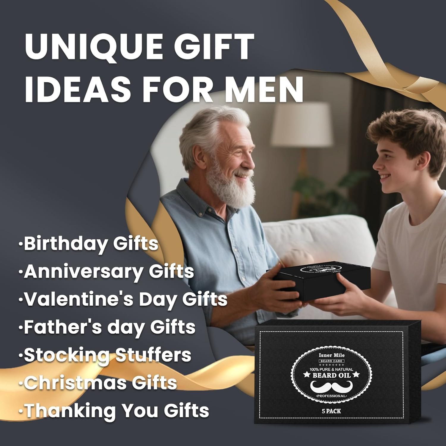 ISNER MILE Beard Oil 5 Pack Set, Natural, Cedarwood, Sandalwood, Sage, Sweet Orange for Men Beard Care, Moisturize, Soften, Strengthen, Christmas Gifts for Men Him Dad Father Boyfriend - Image 2