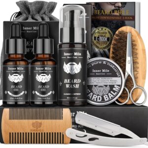 Beard Grooming Kit for Men Care: 9 in 1 Birthday Christmas Stocking Fillers Stuffers for Men Him Dad Husband Boyfriend Fathers Valentines Gift Set with Beard Oil Brush Balm Shampoo Comb Straight Razor