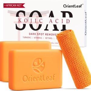Kojic Acid Soap with African Sponge Net, 4oz Turmeric Soap Bar, Fresh Citrus Scent, Gentle for Face and Body Wash with Vitamin C, Retinol (2 Pack)