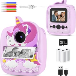 Kids Camera Instant Print, 48MP & 1080P HD Kids Digital Camera with 32GB SD Card, 3 Rolls Paper & Unicorn Silicone Cover, Birthday Presents for 3 4 5 6 7 8 9 Year Old Boys Girls