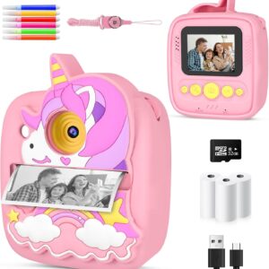 Kids Camera Instant Print, Birthday Presents for 3 4 5 6 7 8 9 Year Old Girls, 48MP & 1080P HD Kids Digital Camera with 32GB SD Card, 3 Rolls Paper & Unicorn Silicone Cover