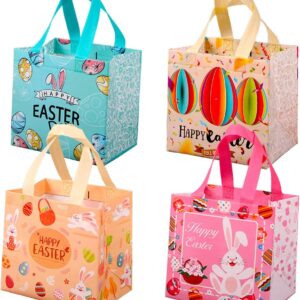 Easter Tote Bags with Handles, Non-Woven Reusable Gift Bag Bunny Easter Egg Hunt Party Treat Bag Waterproof Goodie Bag for Holiday Favors (4 Pack)
