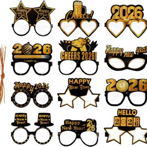 12 PCS New Years Eve Glasses 2026, Silver Cardstock Party Glasses in 12 Styles, Fun NYE Photo Booth Props for Adults & Kids