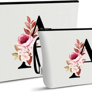 Vavabox 2 Pcs Initial Toiletry Bags Set,Birthday Gifts for Women,Travel Portable Makeup Bag with Handle (A, White)