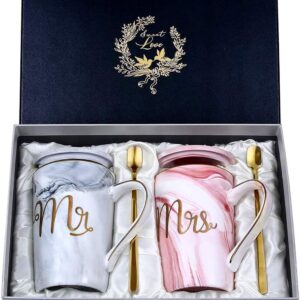 Doublewhale Wedding Gifts for Bride and Groom, Valentine’s Day Engagement Anniversary Couple Gifts for Him Her Newlyweds Mr and Mrs Coffee Cups Gift Set, 14oz Marble Ceramic Mugs for Wife and Husband