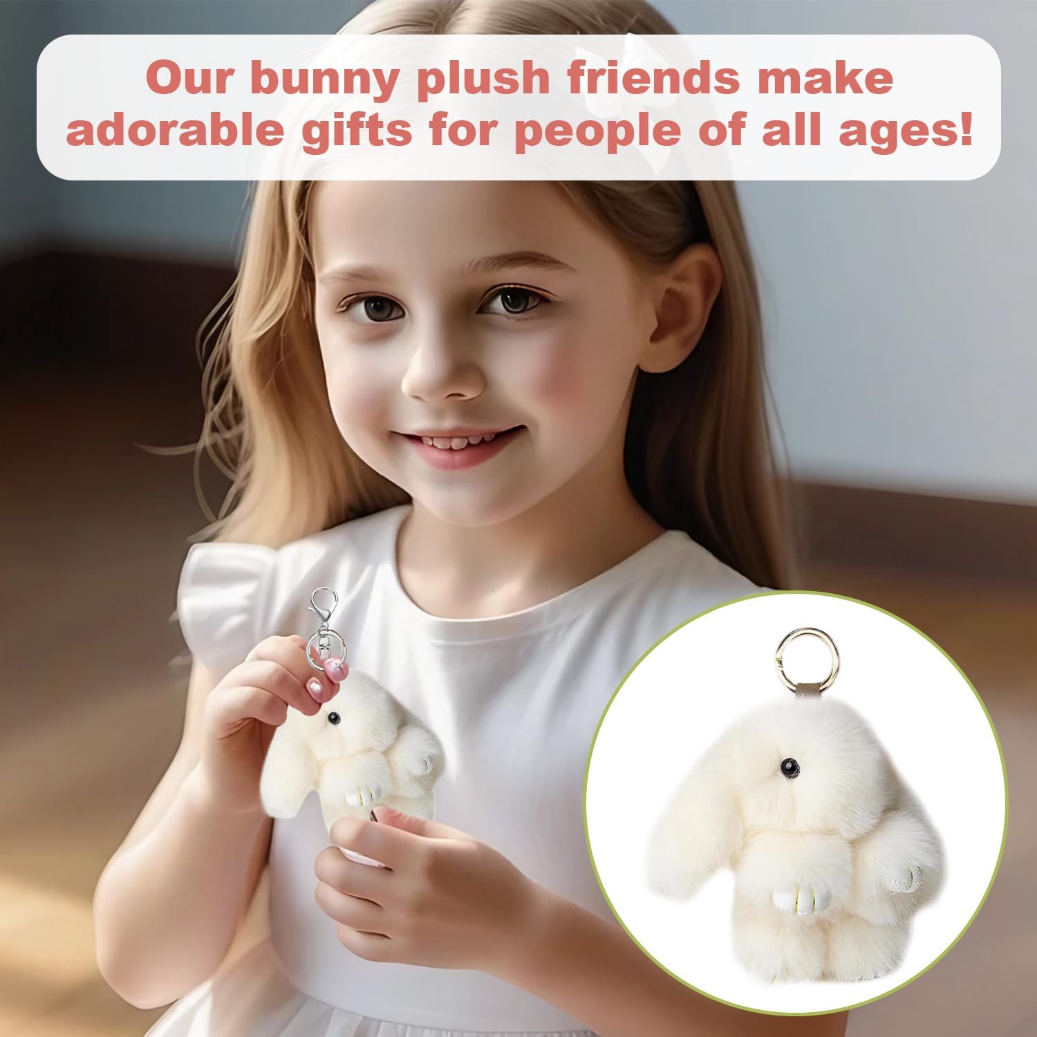 Bunny Keyring, Plush Rabbit Keyring with Tin, Fluffy Bunny Keyrings, Keychain Gifts for Women Girls Birthday Holiday, Stress Relief Decorative Pendant Car Mirror Hanging - Image 5