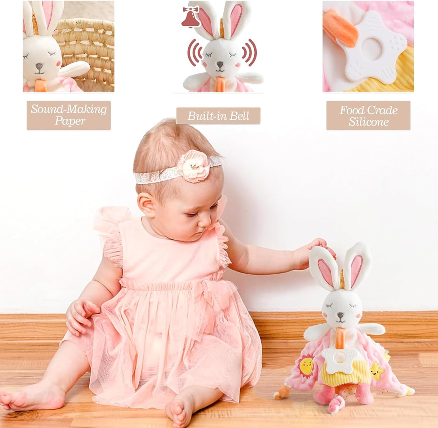 EAQ Baby Comforter, Soft Baby Toys for Newborn Essentials Baby Girl Gift with Taggies Teether,Crinkle Ears and a Soft Rattle -Easter Gift - Image 5