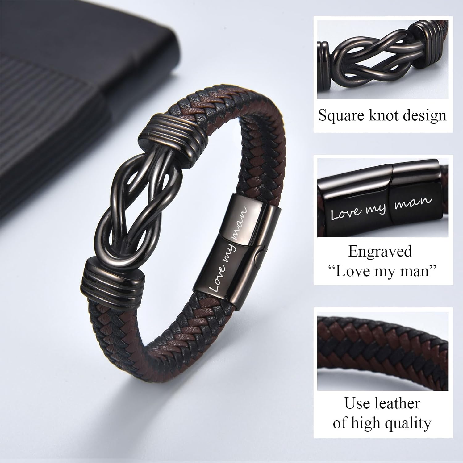 Gifts for Dad Husband Boyfriend Brother Son, Engraved Leather Bracelet Gifts for Nephew Grandson, Birthday Gifts Valentines Gifts Christmas Gifts for Men Teenage Boys - Image 4