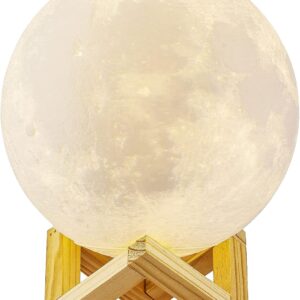 5.9 Inch LED Moon Night Light 15cm 3D Moon Lamp Dimmable Touch&Tap Operated 3 Colour LED Lunar Moon Light LED Lamp USB Charge with Wooden Stand&Strap for Kids Room Decor Wall Light Gift